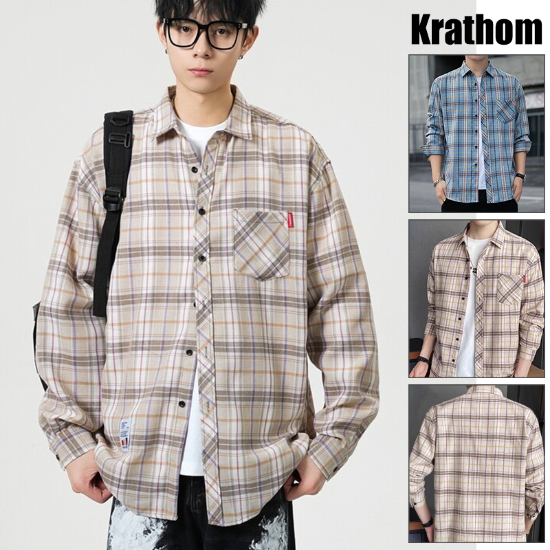 เสื้อลายสก๊อตชายแขนยาวlxเสื้อลําลองวัยรุ่นผู้ชายเสื้อผ้าด้านบนน้ํา