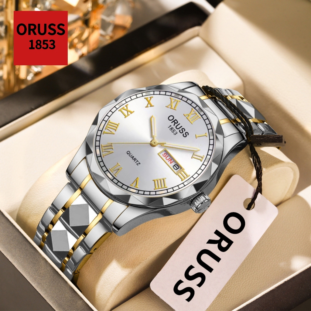 ORUSS Original ชายหรูหราสแตนเลสปฏิทินคู่กันน้ํา Luminous Classy นาฬิกาแฟชั่นธุรกิจเกาหลีรุ่นควอตซ์นาฬิกาข้อมือ