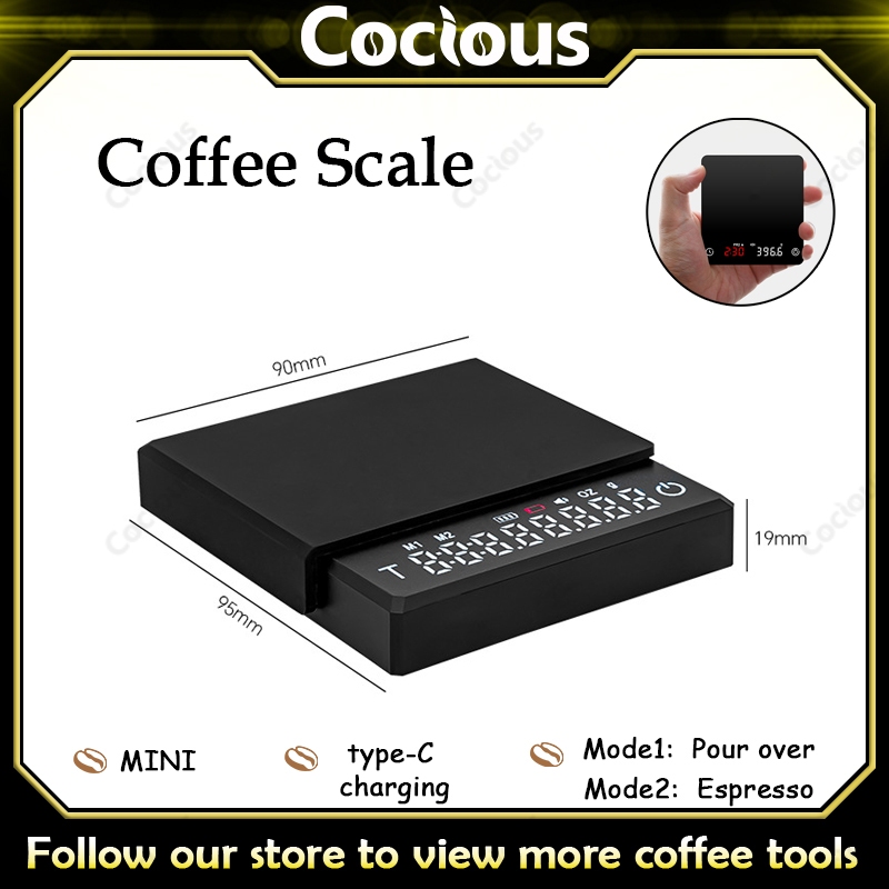 Mini Coffee Scalesเครื่องชั่งกาแฟขนาดเล็กขนาด 2 กก./0.1 กรัมพร้อมตัวจับเวลาเครื่องชั่งในครัวอิเล็กทรอนิกส์ความแม่นยําสูงแบบพกพาพร้อมการชาร์จ พิมพ์-ค
