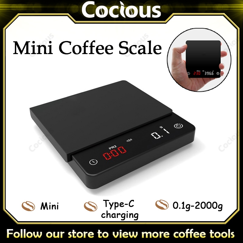 COCIOUS เครื่องชั่งกาแฟขนาดเล็ก 2 กก. / 0.1 กรัมพร้อมตัวจับเวลาแบบพกพาเครื่องชั่งอิเล็กทรอนิกส์ความแม่นยําสูงพร้อม Type-C
