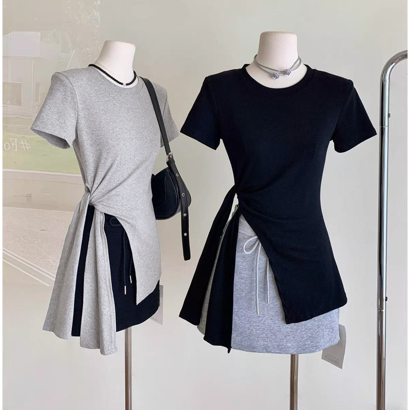 【WJZ】ฤดูร้อนสไตล์เกาหลีผู้หญิงสวมใส่สายรัดเอวสีทึบรอบคอแขนสั้นเสื้อยืด【P35】