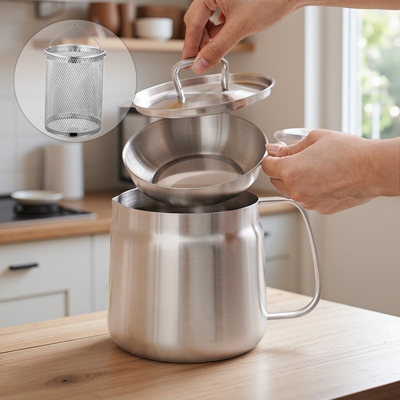 ภาชนะเก็บน้ำมันสเตนเลส 304 พร้อมตะแกรงทอดและที่กรอง - Grease Container with Strainer & Fry Basket for Kitchen Oil Storage and Food Filter