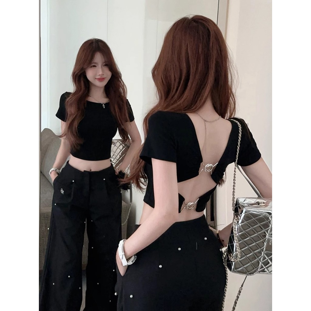 NZN สีดําสไตล์อเมริกันเซ็กซี่เชือกแขวนคอแขนสั้นเสื้อยืดผู้หญิงฤดูร้อนบริสุทธิ์ปรารถนาการออกแบบรู้สึก