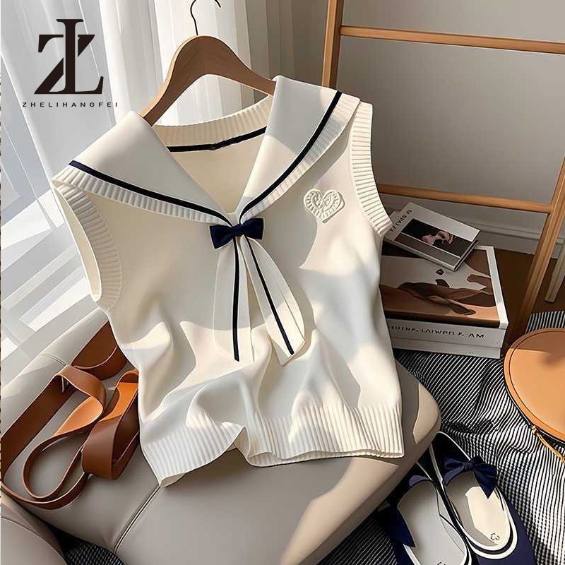 ZHELIHANGFEI เสื้อกั๊กคอโบว์สีกรมท่าเสื้อถักเกาหลีผู้หญิงแบบใหม่ฤดูร้อน