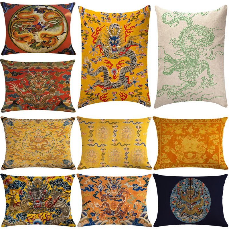 74*48 ซม./50*30 ซม.VINTAGE จีน Loong รูปแบบมังกรด้านเดียวพิมพ์ผ้าลินินโยนหมอนฝาครอบเบาะรถตกแต่งบ้านปลอกหมอน