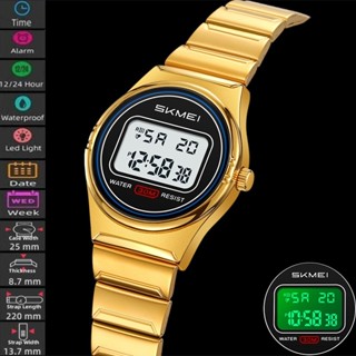 SKMEI สมี สตรีนาฬิกาดิจิตอลหรูหราสายเหล็กไฟ นํา แร่แก้วหน้าป…