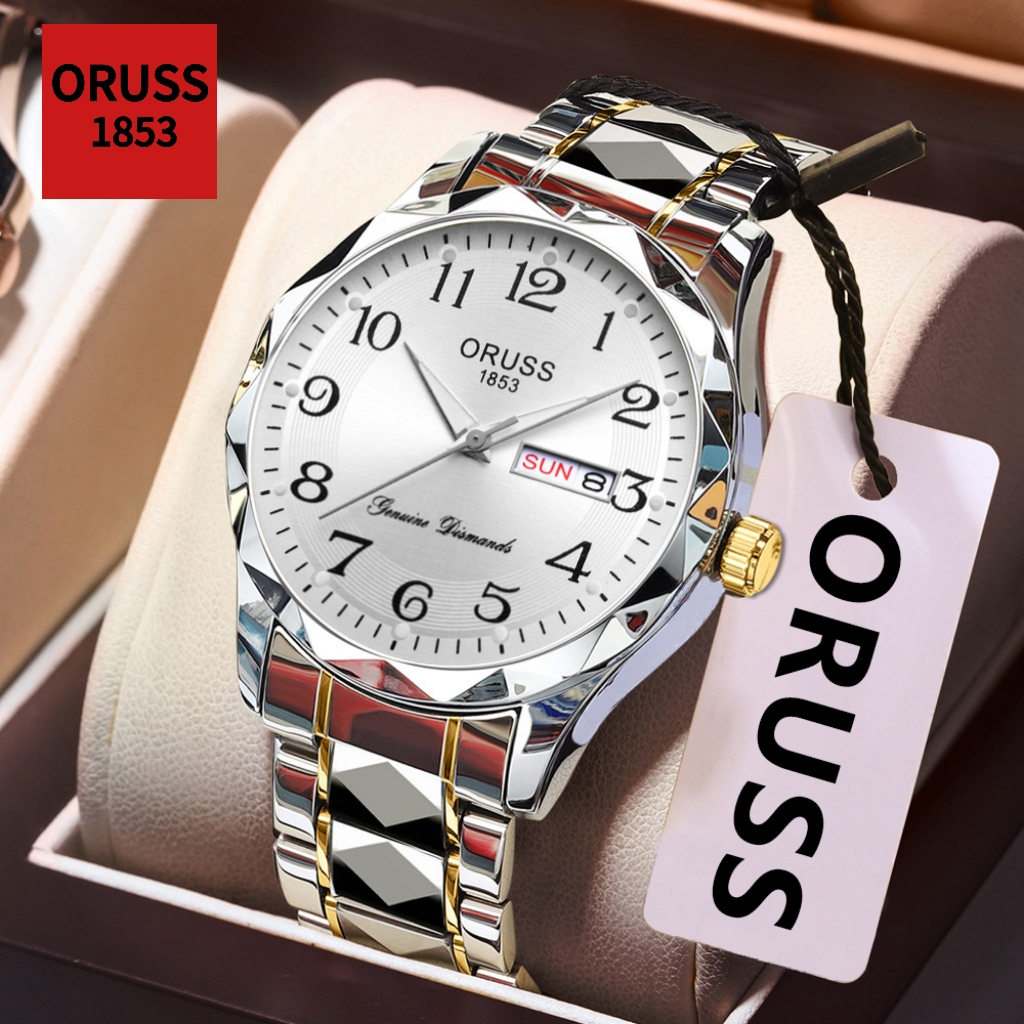 ORUSS รัส ต้นฉบับชายหรูหราปฏิทินคู่สแตนเลสส่องสว่างกันน้ํานาฬิกาแฟชั่นธุรกิจเกาหลีรุ่นควอตซ์นาฬิกาข้อมือ