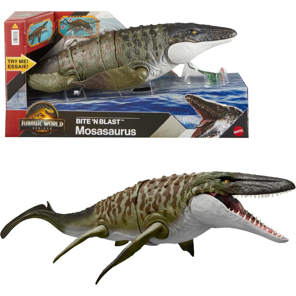 Mattel Jurassic World Rebirth Bite N Blast Mosasaurus Action Figure & Mini Dilophosaurus, Wide Jaw Dinosaur Toy, Movie-Accurate Posable, Digital Play JJP80  for Kids Ages 3+ Years