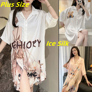 ผู้หญิงแฟชั่นแขนสั้นผ้าไหมน้ําแข็ง ชุดนอน บางเสื้อคอวีชุดชุด…