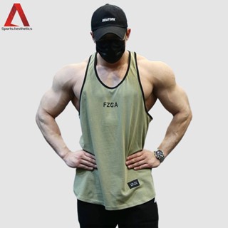 ผู้ชายกล้ามเนื้อฟิตเนสเสื้อกั๊กผ้าฝ้ายลายกีฬาวิ่งการฝึกอบรมย…