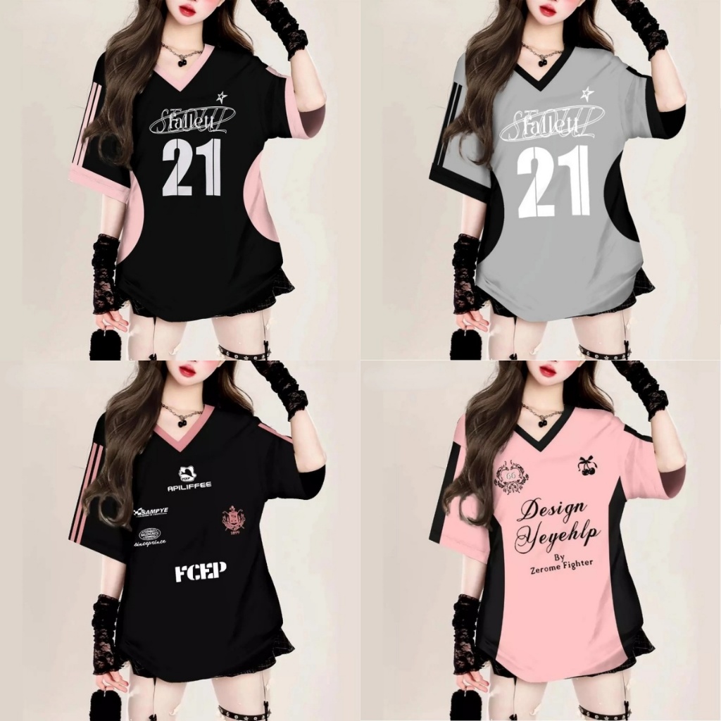 2568 สไตล์เกาหลีเสื้อยืดUnisex Oversizeหลวมเสื้อฟุตบอลกีฬาเสื้อยืดผู้หญิงVคอเสื้อStreetwearสําหรับสาวHottrend 2025