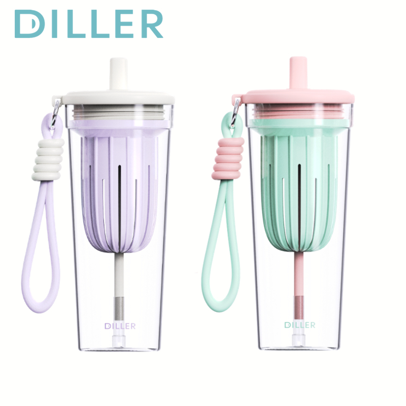 Diller Tumbler Tritan ขวดน้ํา BPA ฟรีถ้วยดื่มพร้อมหลอดสําหรับน้ําผลไม้กาแฟ 650ml