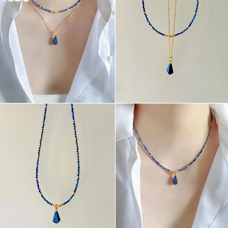 สร้อยคอลูกปัดสีฟ้า สร้อยคอเรียวลาพิส Lazuli ธรรมชาติ