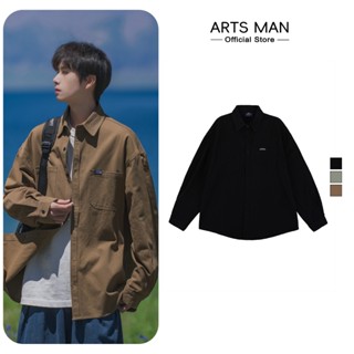 Artsman เสื้อเชิ้ตแขนยาวสีดําแฟชั่นลําลอง Unisex
