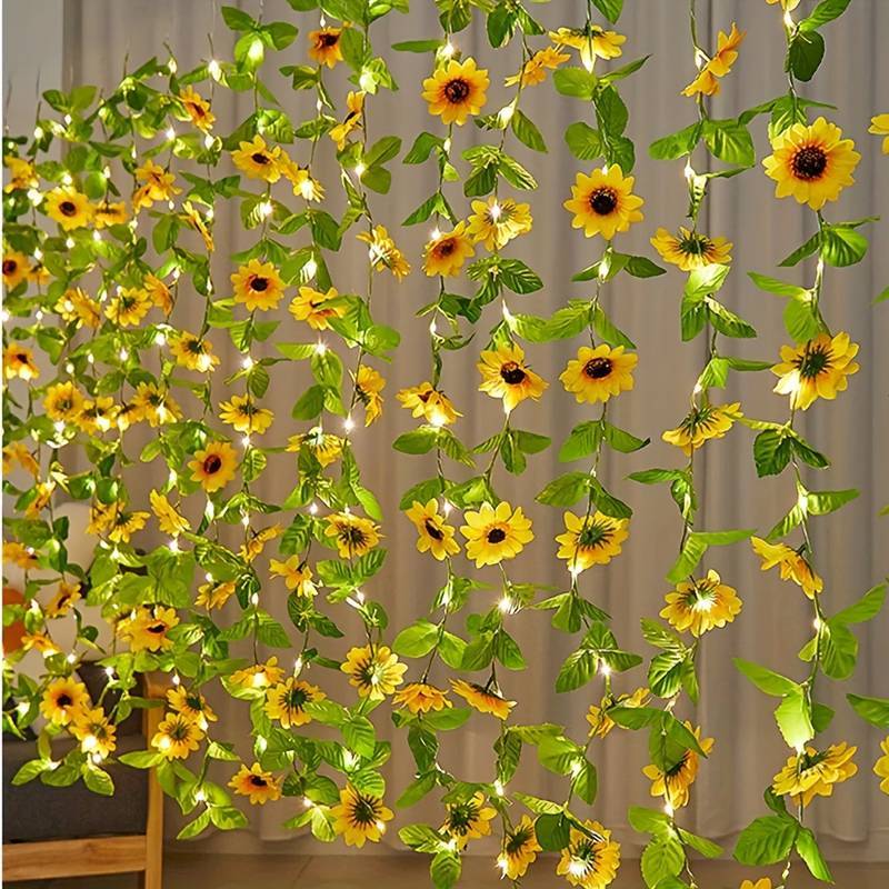 LED ดอกไม้ม่านผนังดอกทานตะวันไฟตกแต่ง 3m กว้าง Willow Leaf Curtain Light USB Plug-In Night Light #居家生活