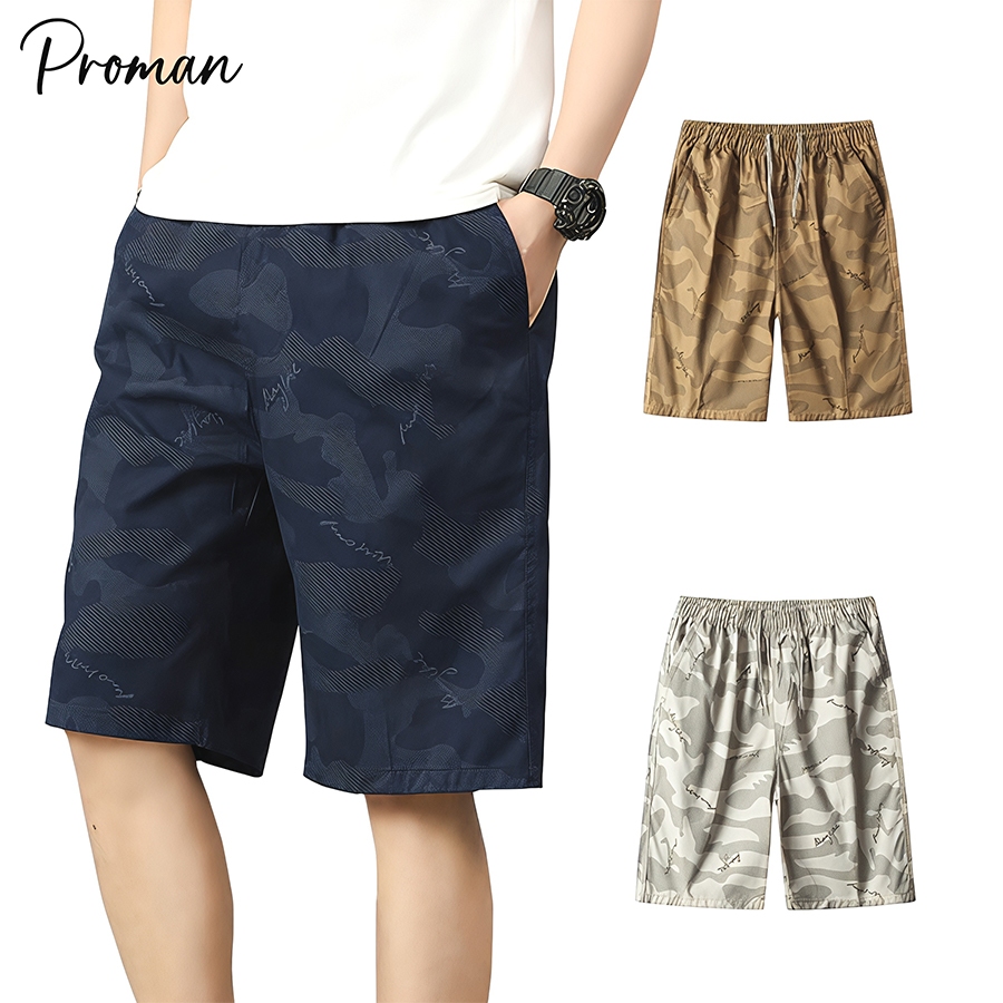⚡ProMan⚡กางเกงขาสั้นผู้ชาย  ทรงตรง  เลือกได้หลายสี  กีฬา  เข็มขัดยางยืด  สไตล์อเมริกันวินเทจ