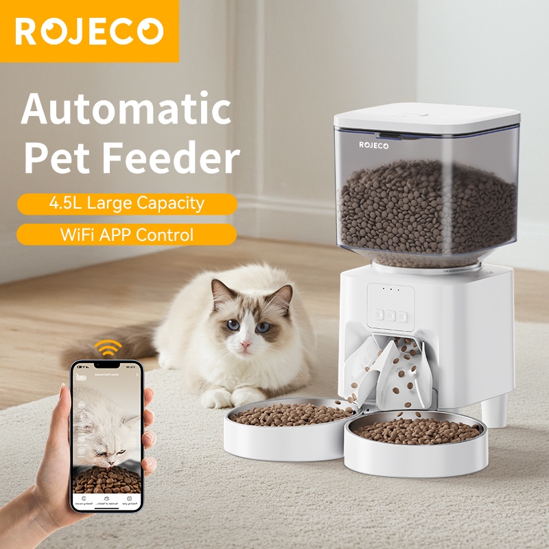 ROJECO 4.5L เครื่องป้อนแมว WiFi อัตโนมัติเครื่องจ่ายอาหารสุนัขการควบคุมอัจฉริยะเครื่องป้อนอัตโนมัติสําหรับแมวสุนัข