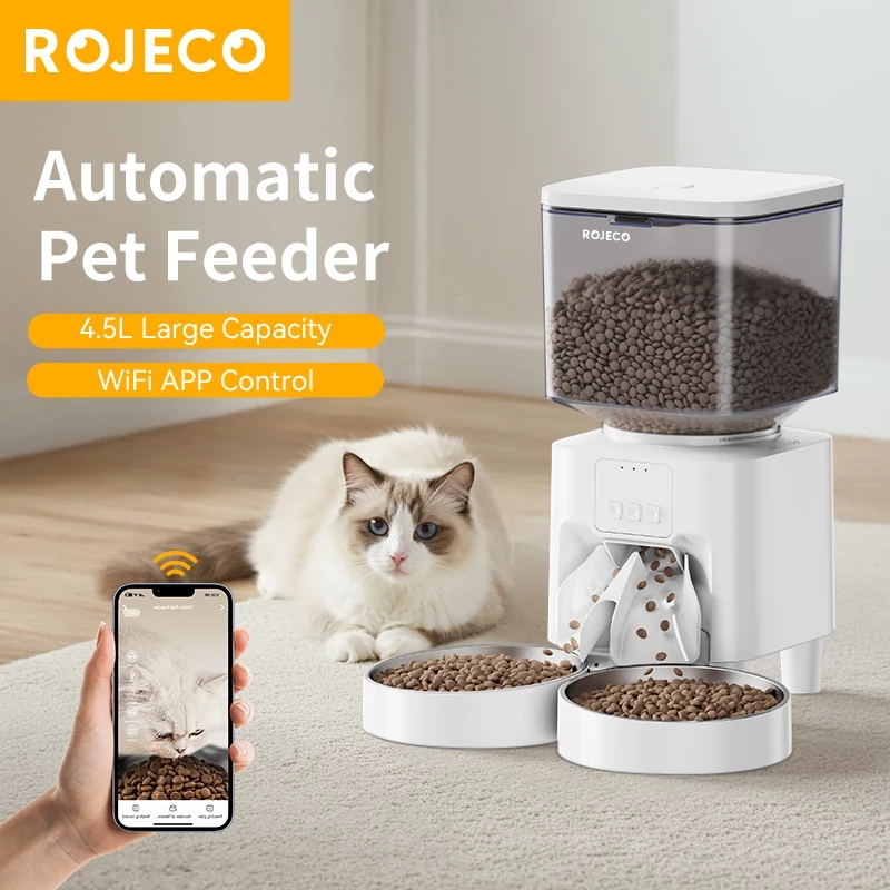 ROJECO 4.5L เครื่องป้อนแมว WiFi อัตโนมัติเครื่องจ่ายอาหารสุนัขการควบคุมอัจฉริยะเครื่องป้อนอัตโนมัติสําหรับแมวสุนัข