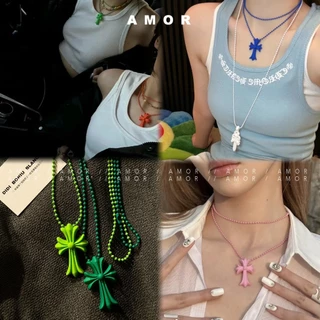 สร้อยคอไม้กางเขน Y2K สีดํา ยาวสองชั้นสําหรับเครื่องประดับประจําวันสําหรับผู้ชายและผู้หญิง