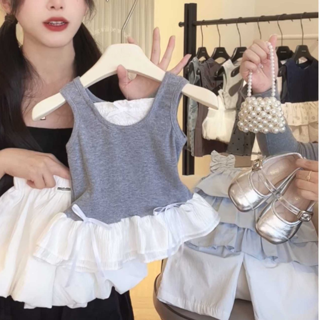 เวอร์ชั่นเกาหลีสาวฤดูร้อนสไตล์ใหม่โบว์ลูกไม้เย็บเสื้อกั๊กหน่อกางเกงขาสั้นแฟชั่นชุดสองชิ้นสไตล์อินเทรนด์