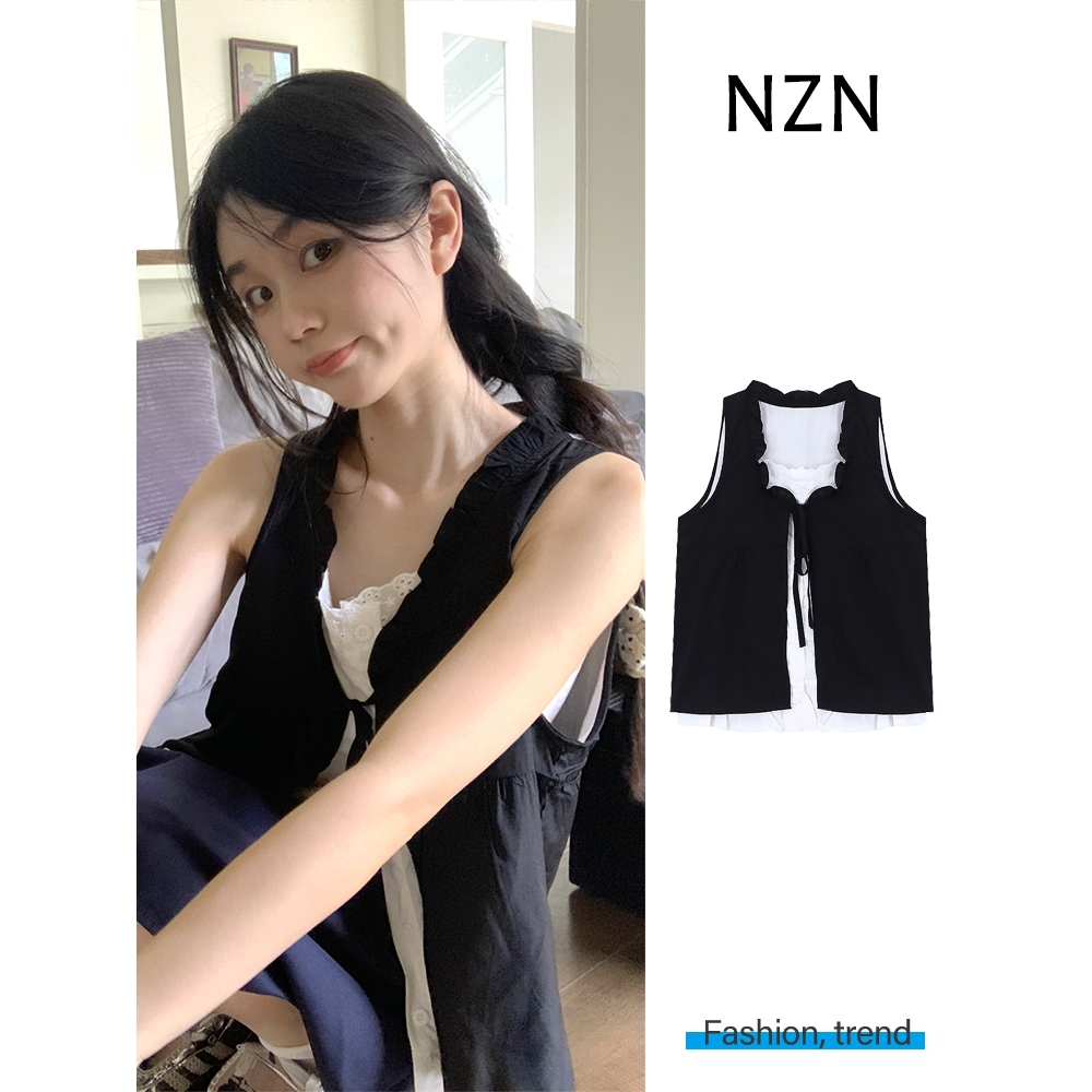 NZN สไตล์เกาหลีปลอมสองชิ้นลูกไม้ขึ้นตัดกันเย็บแขนกุดด้านบนผู้หญิงฤดูร้อน 2025 เสื้อกั๊กใหม่