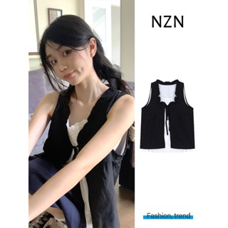 NZN สไตล์เกาหลีปลอมสองชิ้นลูกไม้ขึ้นตัดกันเย็บแขนกุดด้านบนผู…