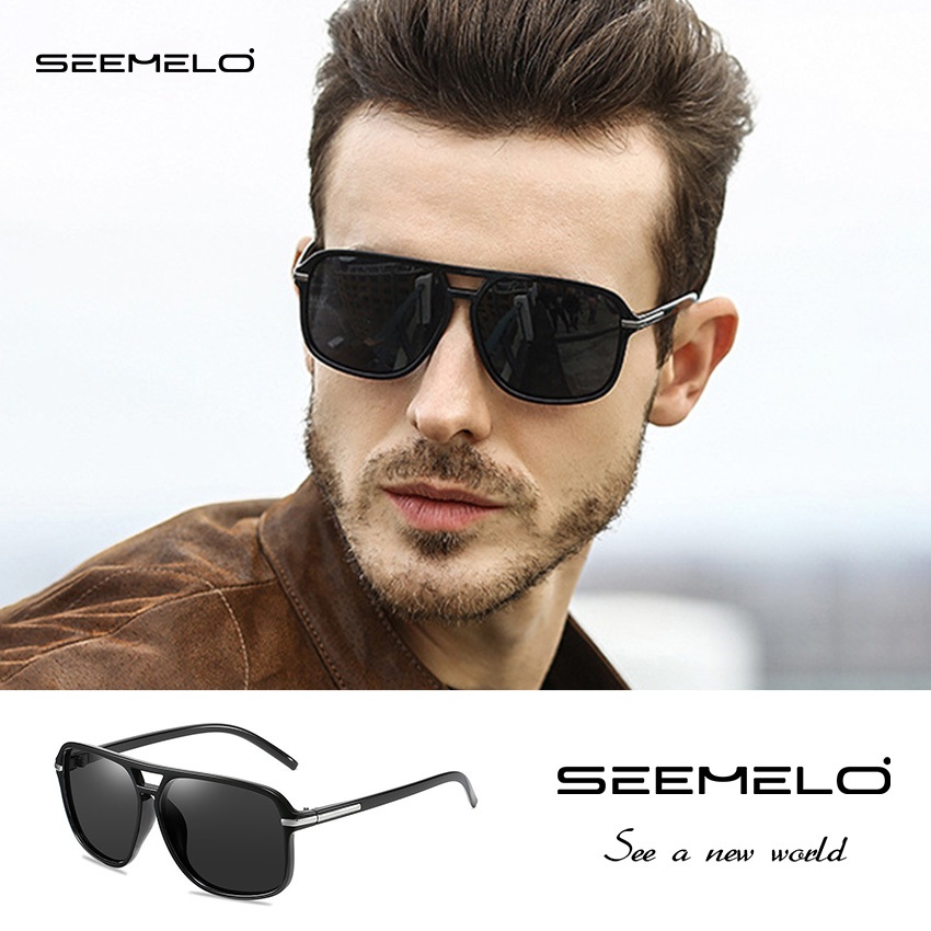 SEEMELO Mensแว่นตากันแดดPolarized Retro Double Beam Design Squareกรอบแว่นตากันแดดคลาสสิกขับรถแว่นตากันแดดUV400 Clear Visionแว่นตากันแดดสําหรับชาย