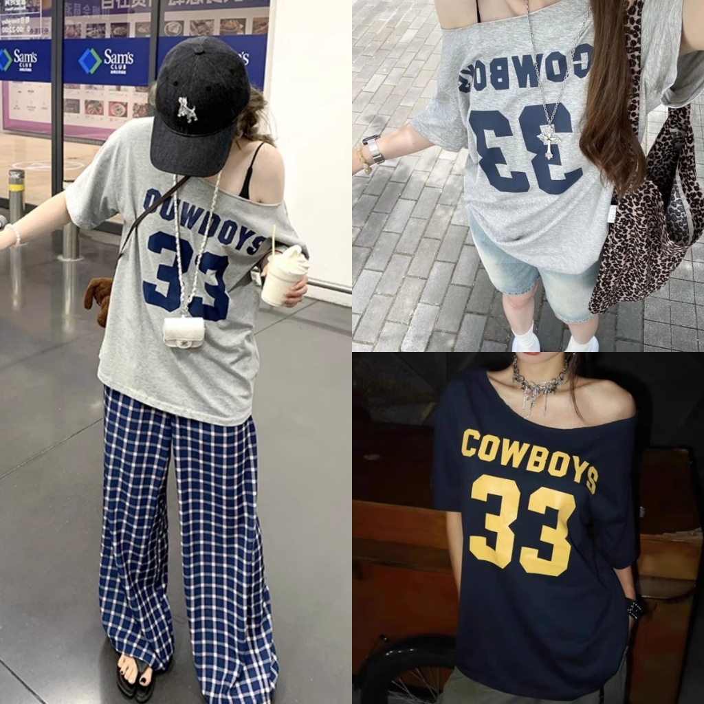2568 สไตล์เกาหลีปิดไหล่แขนสั้นเสื้อยืด NO.33 เสื้อกีฬา Oversize หลวมเสื้อยืดฤดูร้อนผู้หญิง Casual Top Streetwear สําหรับสาว Hottrend 2025