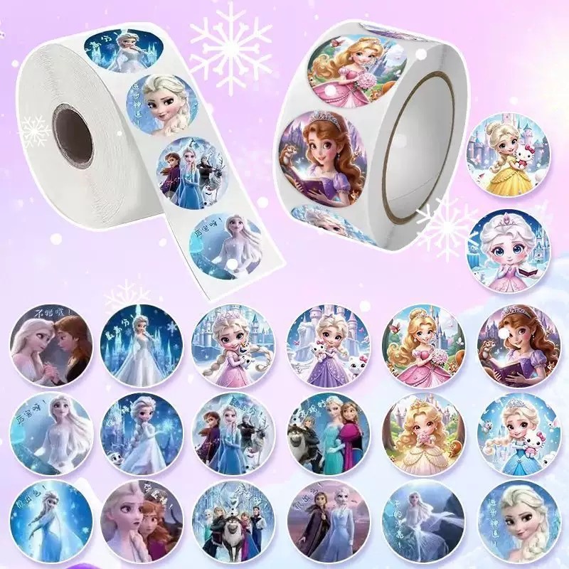 (500ดวง/ม้วน) แช่แข็งสต็อกใหม่รีดสติ๊กเกอร์เจ้าหญิงเอลซาเด็ก,การ์ตูนน่ารักคุโรมิกาวในตัวสติ๊กเกอร์ตกแต่งวันหยุด