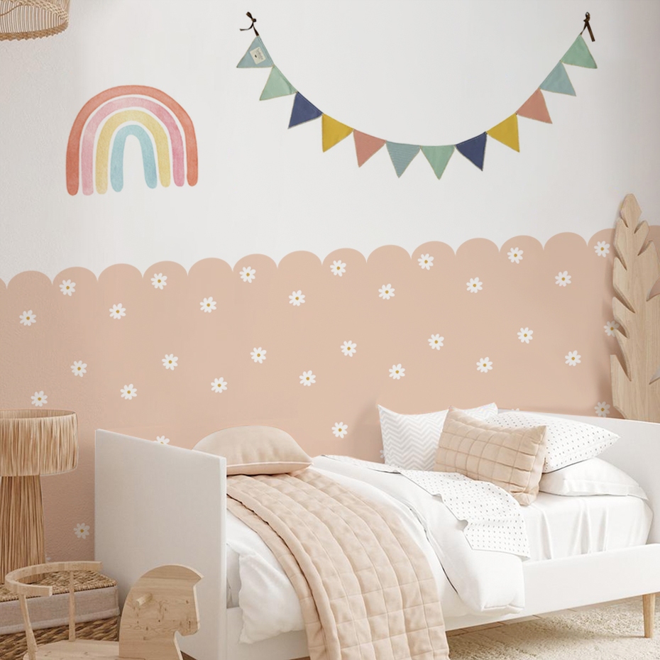 Boho ดอกไม้ Daisy Scalloped วอลล์เปเปอร์เนอสเซอรี่เด็ก Wall Art เด็กห้องนอนตกแต่งบ้านกันน้ํา Peel และ Stick