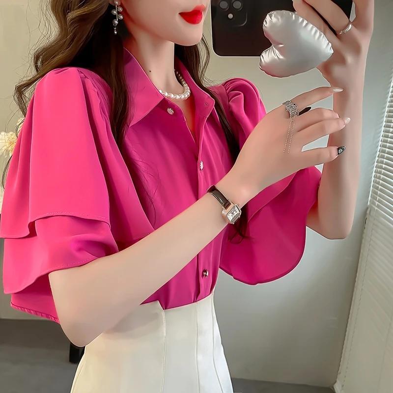 เสื้อชีฟองแขนสั้นสีทึบสไตล์ใหม่ของผู้หญิงฤดูร้อนสบายๆหลวมLapelสีชมพูเสื้อAll-Match Retro Topเสื้อผ้าผู้หญิงแฟชั่น