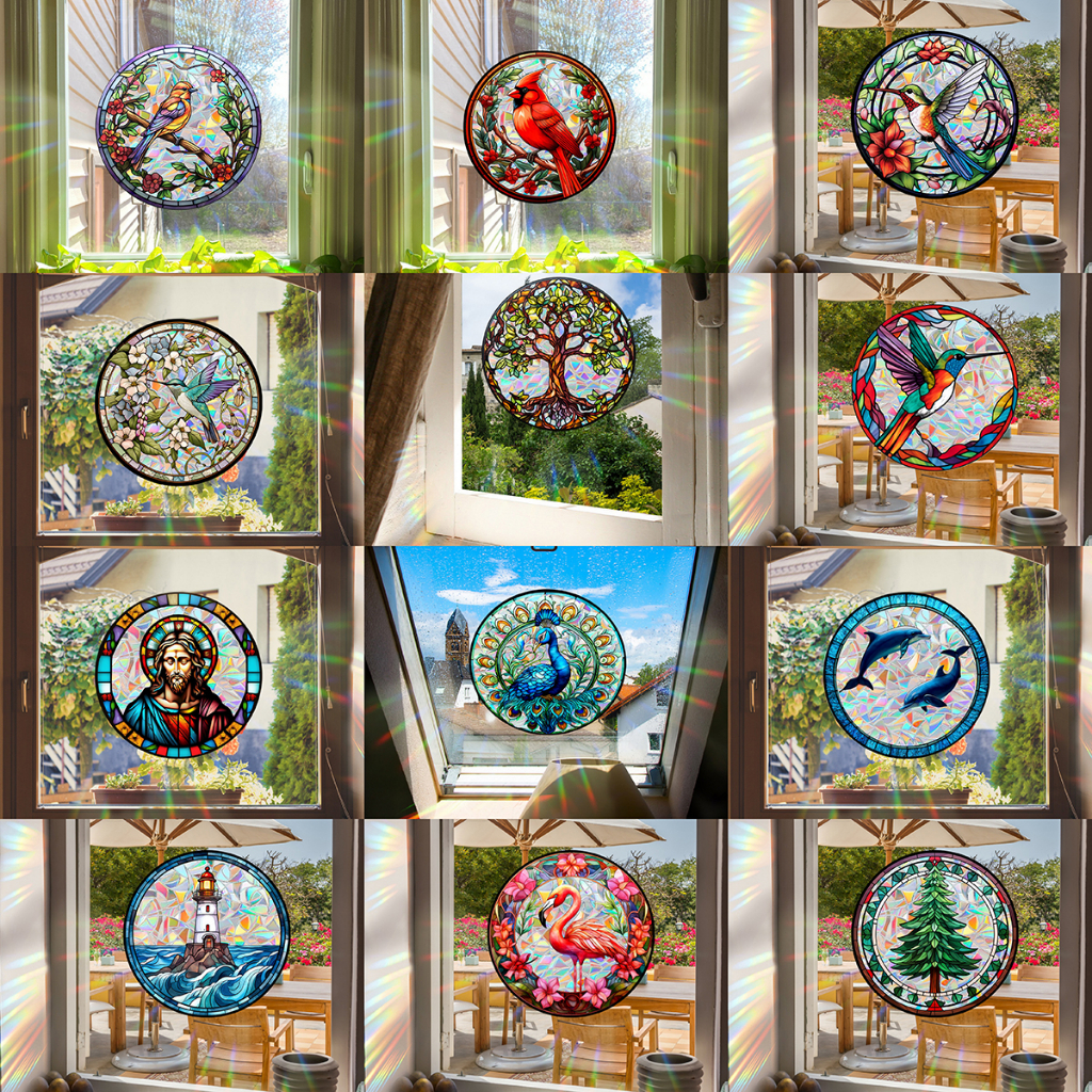 Hummingbird Stained Glass สติกเกอร์หน้าต่างตกแต่ง Rainbow Suncatcher หน้าต่าง Cling