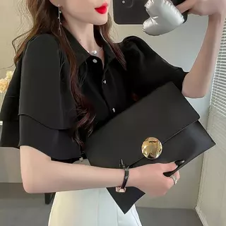 เสื้อเชิ้ตผ้าชีฟองแขนสั้นสีทึบสไตล์ใหม่ของผู้หญิงฤดูร้อนสบายๆเสื้อเชิ้ตปกหลวมทุกการแข่งขันย้อนยุคแฟชั่นเสื้อผ้าผู้หญิง