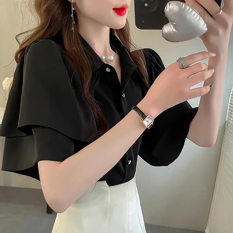 เสื้อเชิ้ตผ้าชีฟองแขนสั้นสีทึบสไตล์ใหม่ของผู้หญิงฤดูร้อนสบายๆเสื้อเชิ้ตปกหลวมทุกการแข่งขันย้อนยุคแฟชั่นเสื้อผ้าผู้หญิง