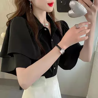 เสื้อเชิ้ตผ้าชีฟองแขนสั้นสีทึบสไตล์ใหม่ของผู้หญิงฤดูร้อนสบายๆเสื้อเชิ้ตปกหลวมทุกการแข่งขันย้อนยุคแฟชั่นเสื้อผ้าผู้หญิง