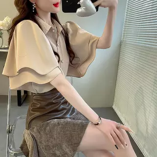 เสื้อเชิ้ตผ้าชีฟองแขนสั้นสีทึบสไตล์ใหม่ของผู้หญิงฤดูร้อนสบายๆเสื้อเชิ้ตปกหลวมทุกการแข่งขันย้อนยุคแฟชั่นเสื้อผ้าผู้หญิง