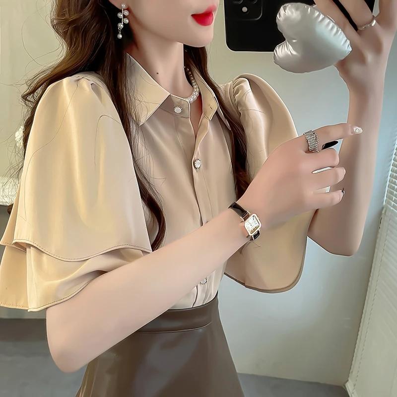 เสื้อเชิ้ตผ้าชีฟองแขนสั้นสีทึบสไตล์ใหม่ของผู้หญิงฤดูร้อนสบายๆเสื้อเชิ้ตปกหลวมทุกการแข่งขันย้อนยุคแฟชั่นเสื้อผ้าผู้หญิง