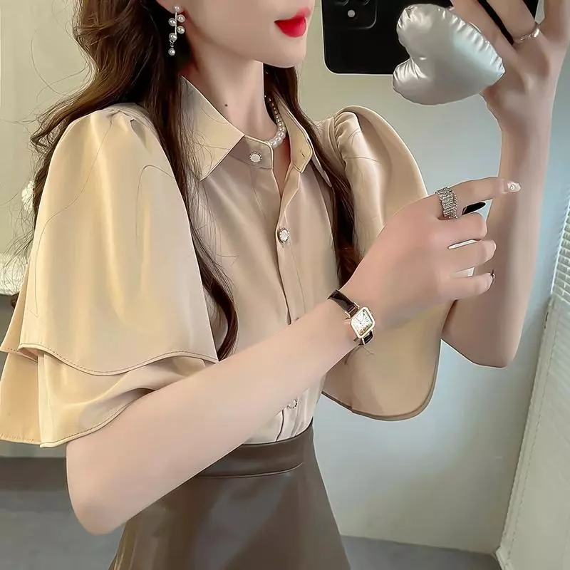 เสื้อเชิ้ตผ้าชีฟองแขนสั้นสีทึบสไตล์ใหม่ของผู้หญิงฤดูร้อนสบายๆเสื้อเชิ้ตปกหลวมทุกการแข่งขันย้อนยุคแฟชั่นเสื้อผ้าผู้หญิง