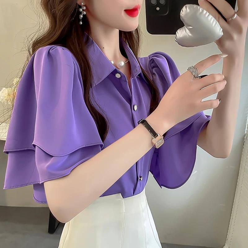 เสื้อเชิ้ตผ้าชีฟองแขนสั้นสีทึบสไตล์ใหม่ของผู้หญิงฤดูร้อนสบายๆเสื้อเชิ้ตปกหลวมทุกการแข่งขันย้อนยุคแฟชั่นเสื้อผ้าผู้หญิง