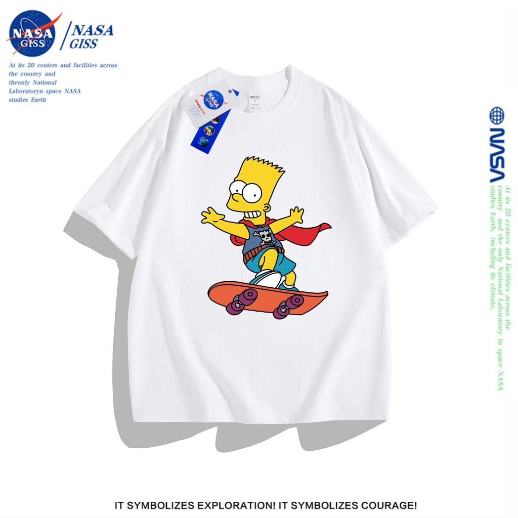 NASA เสื้อยืดหญิงชาย เสื้อ summer2025 สุดเท่ พิมพ์ลายสเก็ตบอร์ด ผ้าฝ้ายแท้ เสื้อ