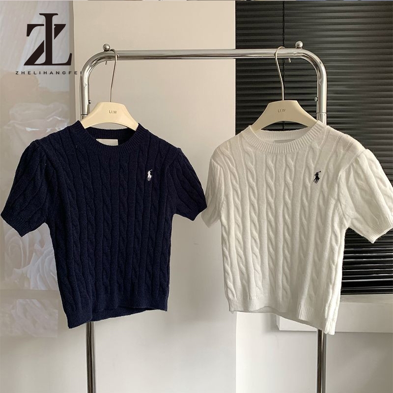 ZHELIHANGFEI ม้าปักเสื้อถักผู้หญิงวินเทจบิดเนื้อแขนสั้นด้านบน