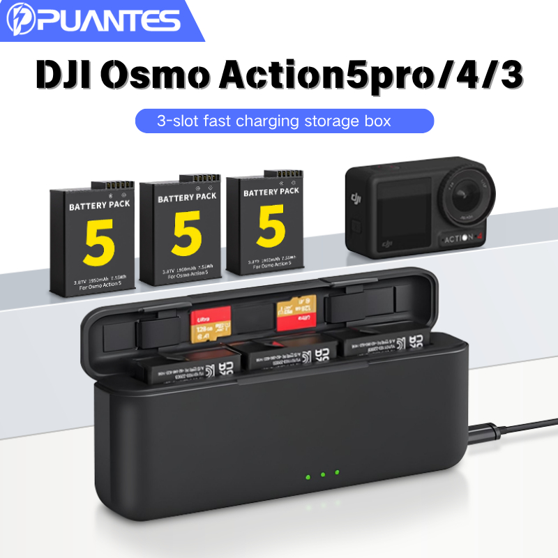 PUANTES เหมาะสําหรับเครื่องชาร์จแบตเตอรี่ DJI Action5 Pro/4/3,เคสชาร์จเร็ว,อุปกรณ์เสริมช่องเก็บของแบ