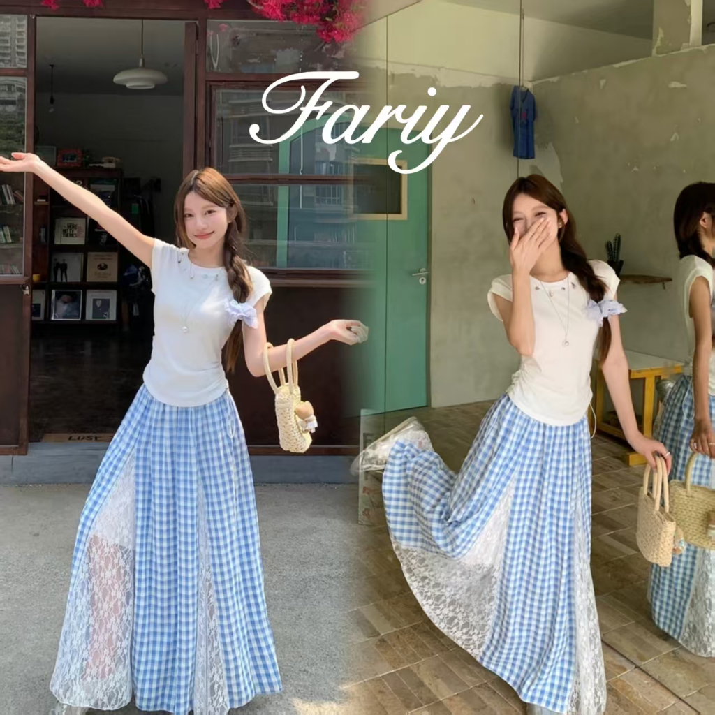 Fariy🍒คลังสินค้าพร้อม🍒 กระโปรงลายสก็อตสีฟ้าลูกไม้หวานสไตล์เกาหลีหญิง 2025 ฤดูใบไม้ผลิใหม่ กระโปรงยาวทรงเอ