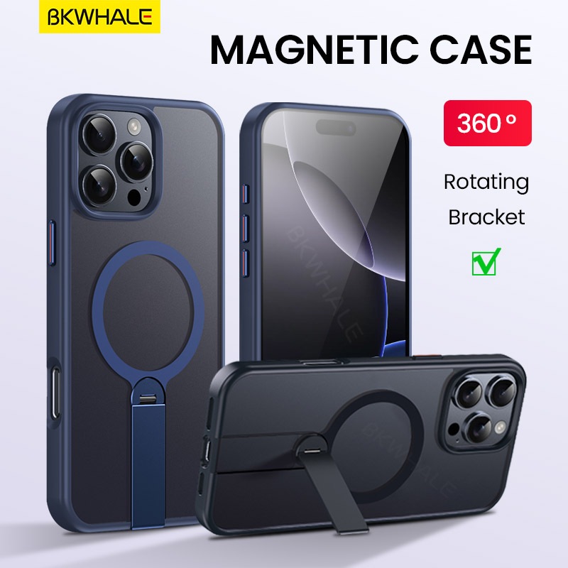 BKWHALE 360° วงเล็บหมุนได้เคสโทรศัพท์แม่เหล็กสําหรับiPhone 16 Pro Max 17e 16e 17 Pro Max 17Air 12 13 14 15 Pro Max 16 Plusโปร่งแสงปกหลังแม่เหล็กพับขาตั้งปลอก