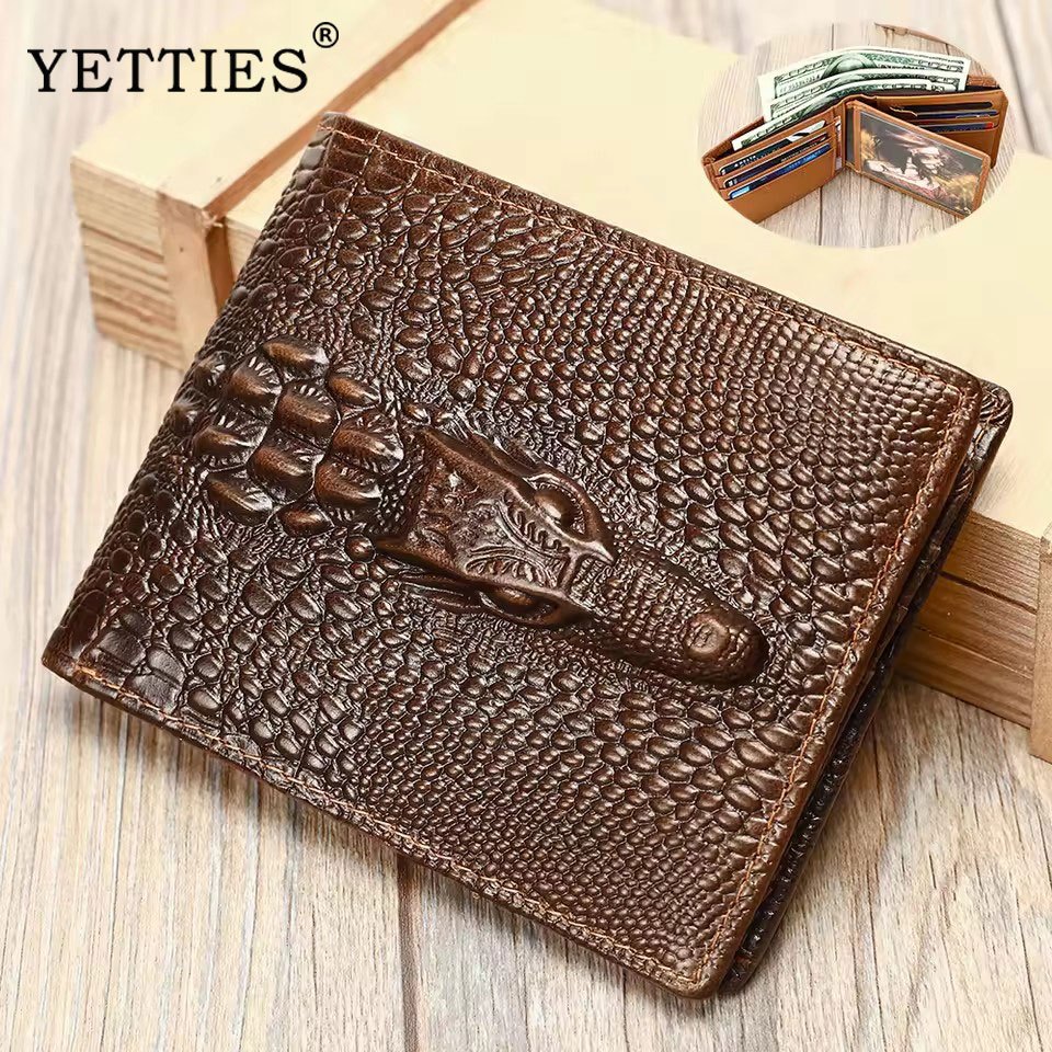 YETTIES First Layer Cowhide กระเป๋าสตางค์ใบสั้นผู้ชาย Multi-Card Novel กระเป๋าสต