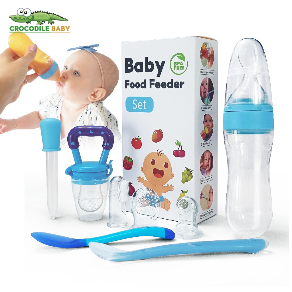 ช้อนป้อนข้าวเด็กชุด กินข้าว 8in1 ช้อนซิลิโคนปลายนิ่ม ขวดป้อนอาหารเหลว จุกซิลิโคนผลไม้ เด็ก 6 เดือน+