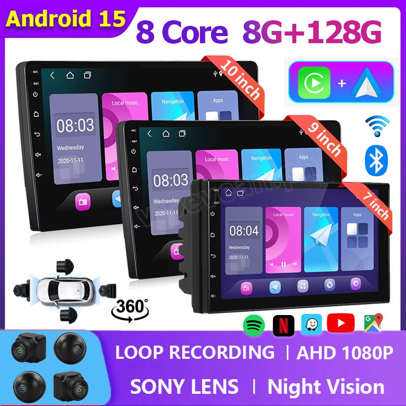 จอ android รถยนต์ พร้อมกล้อง 360 8Core 8G + 128G 7/9/10 นิ้ว 2din เครื่องเสียงรถยนต์พร้อมบลูทูธ/DSP/