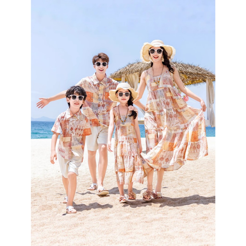 ชายหาดฮาวายครอบครัวจับคู่ชุดผู้ชายเสื้อโปโลผู้หญิงชุดยาวเด็กสั้นกางเกงสาวผ้าคลุมไหล่