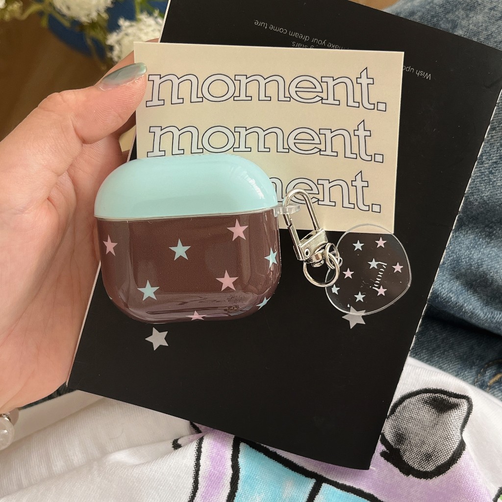IMD สีน้ําตาลสีชมพู Star พร้อมพวงกุญแจหูฟังสําหรับ AirPods 1 2 3 4 Pro หูฟังไร้สายบลูทูธสําหรับ AirPods Pro2 กันกระแทกป้องกันปลอก