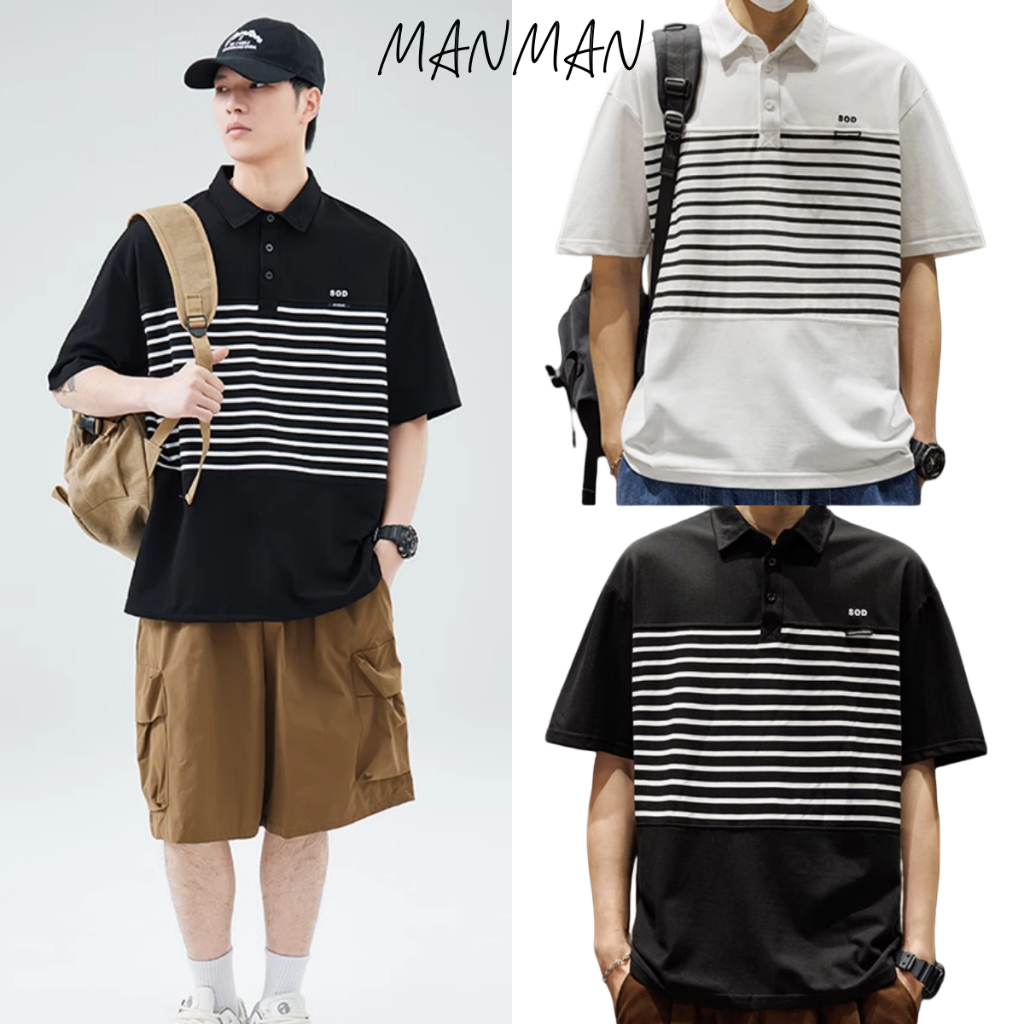 M＆M เสื้อโปโลลายทาง แบบบางสำหรับฤดูร้อน ออกแบบปก แบบหลวมลำลอง แบรนด์ยอดนิยม